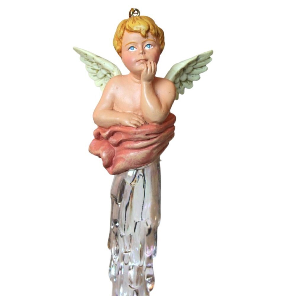 Vintage Icicle Angel tree ornament hand painted putty cherub holiday decoration